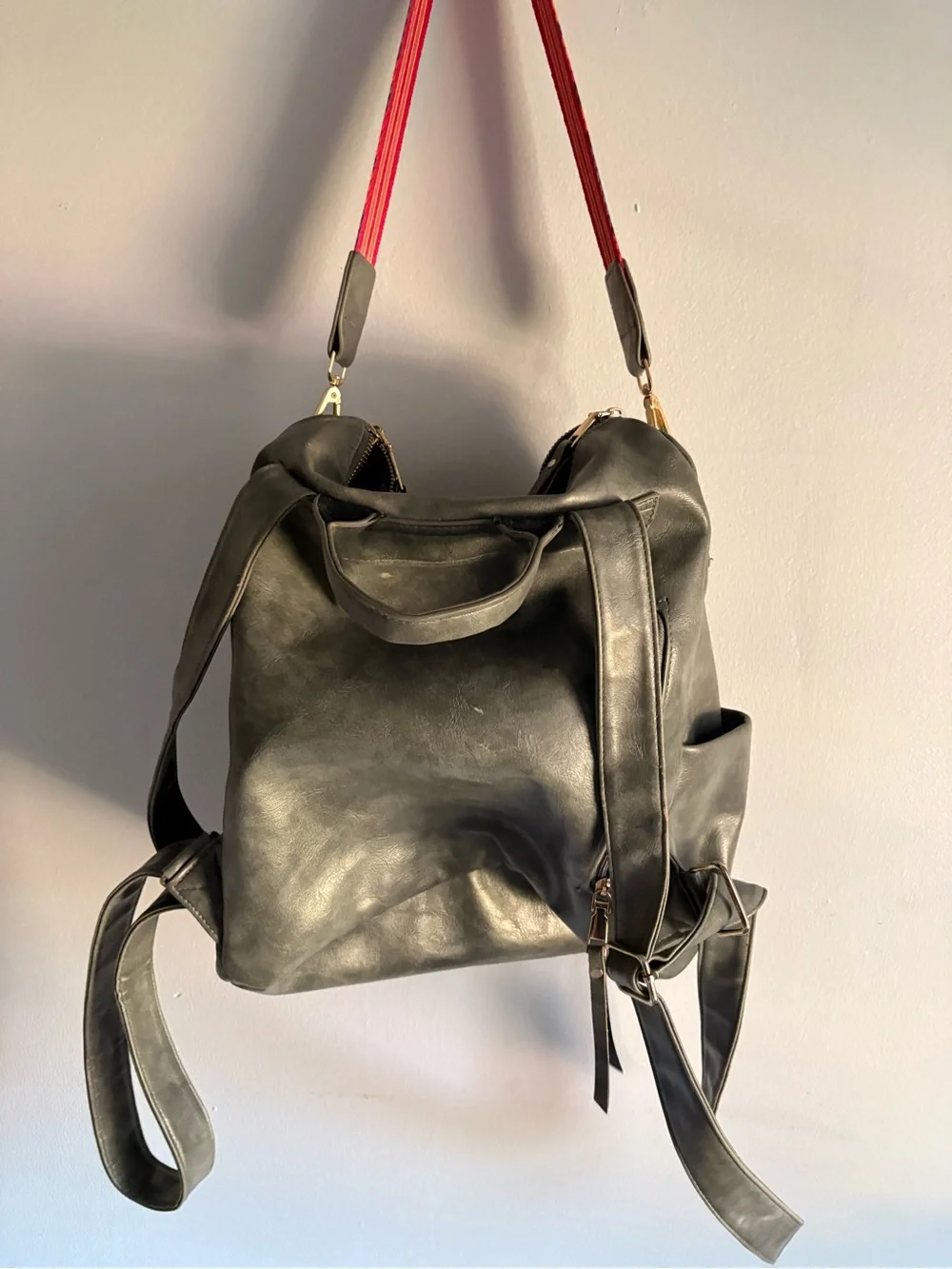 Gray Faux Leather Convertible Backpack/Crossbody with Boho Strap
